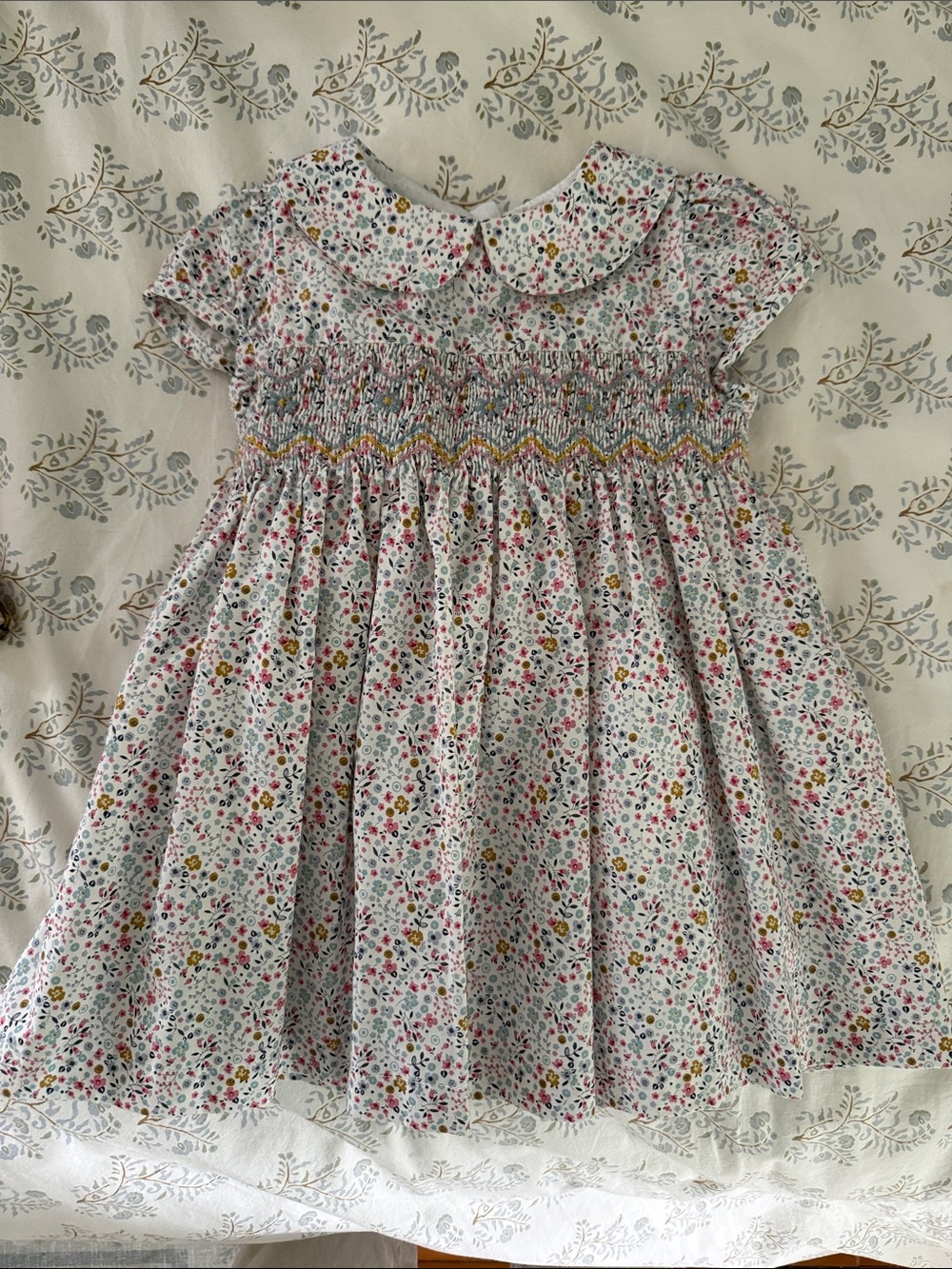 Girls' Floral Smocked Peter Pan Dress - White with Pink & Yellow Flowers